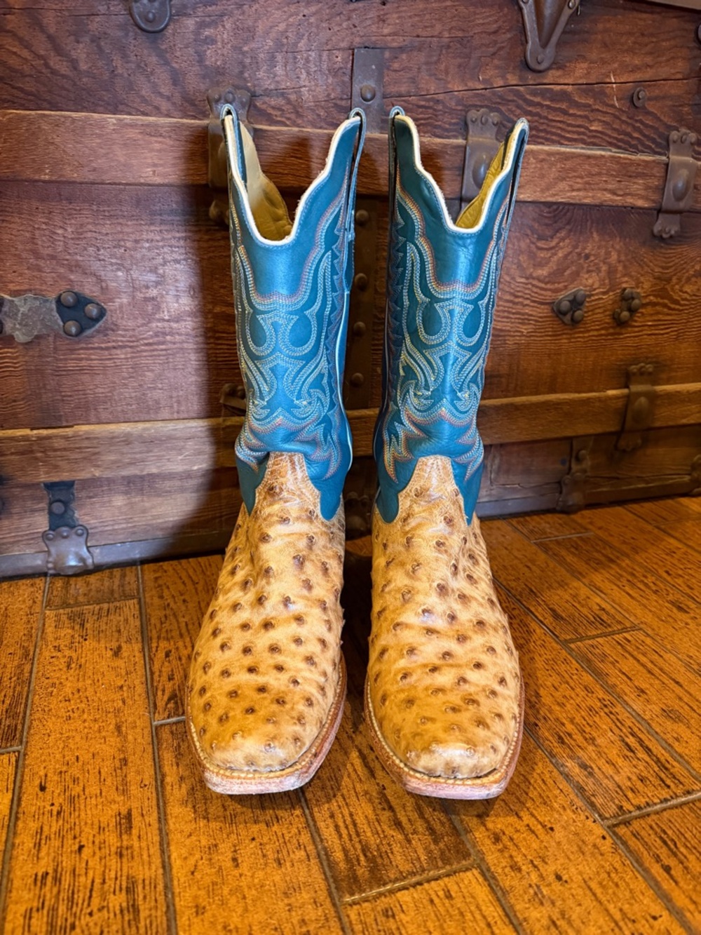 R. Watson Men's Tan Ostrich Leather Cowboy Boots with Teal Shaft - Picture 2 of 11